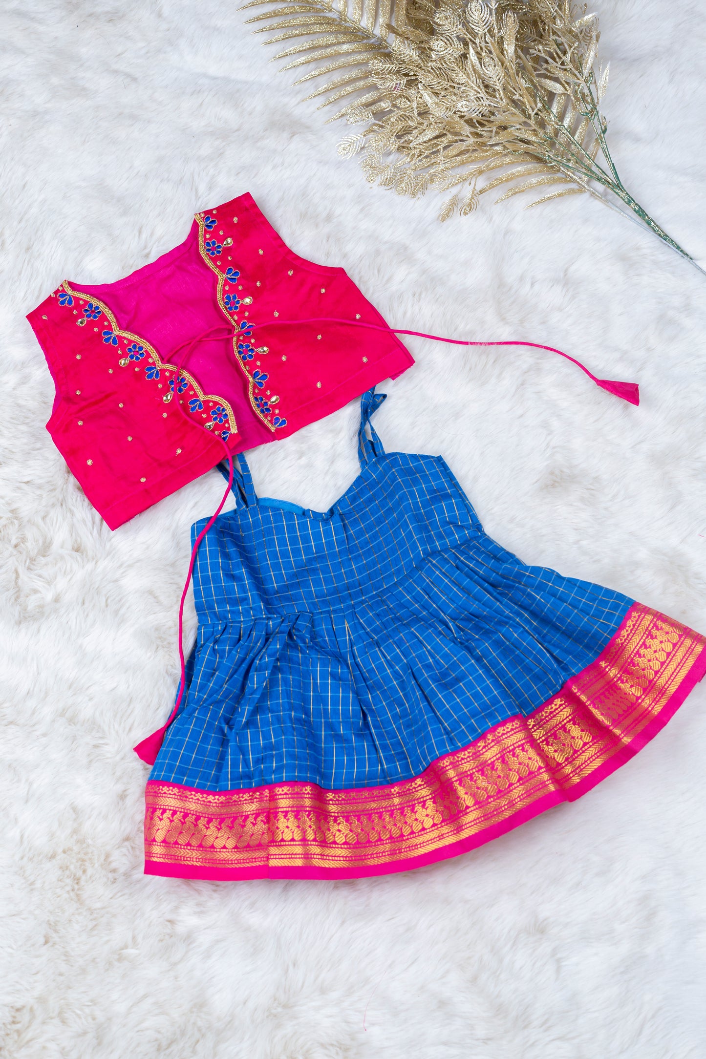 Blue and pink checked sleeveless frock and embroideried jacket ethnic wear for baby girl