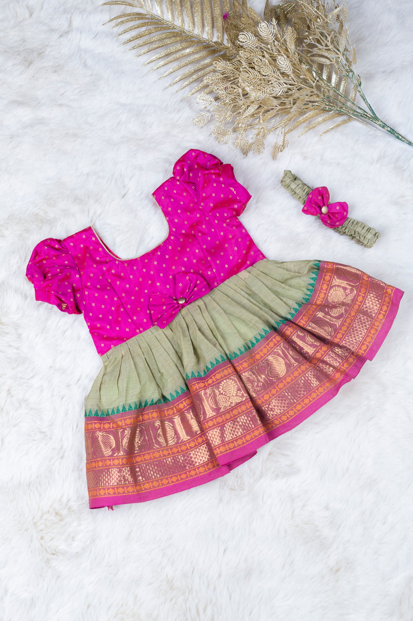 Pink with saraswati green (Vintage Bow) - Kanchi Cotton Silk South Indian Ethnic Frock for Baby Girl