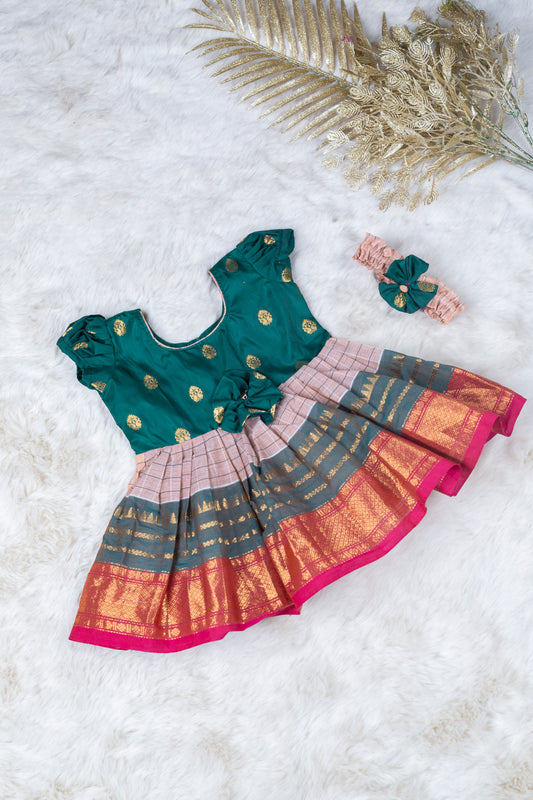 Bottle Green with Salt White (Vintage Bow) - Cotton Silk South Indian Ethnic Frock for Baby Girl