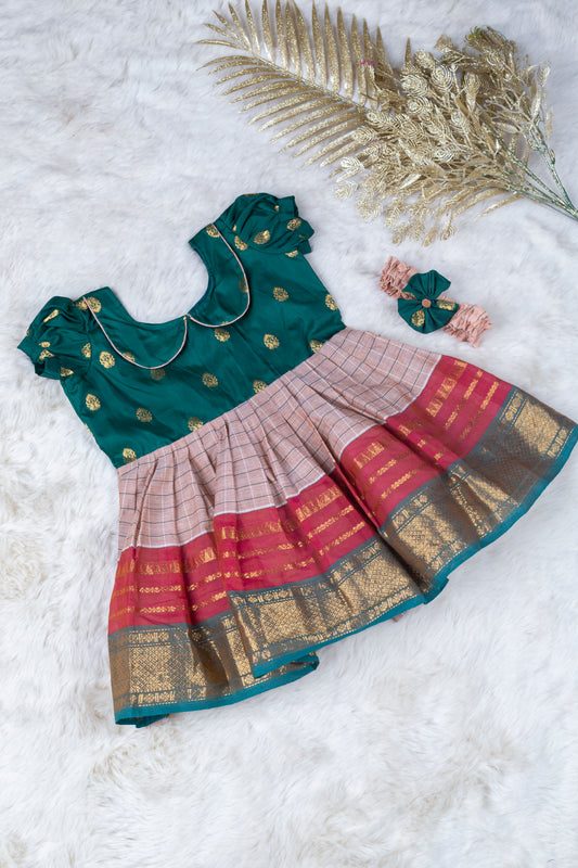 Bottle Green with Salt White (Vintage Collar) - Cotton Silk South Indian Ethnic Frock for Baby Girl