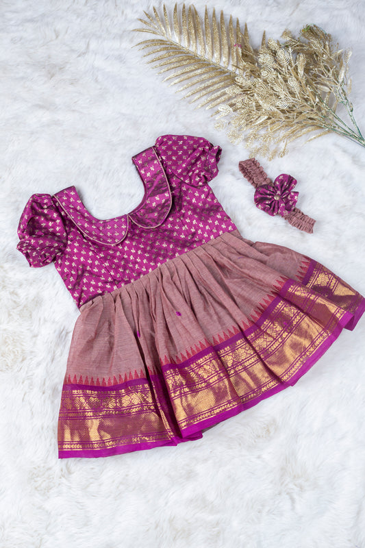 Brocade pink with khadi pink (Vintage Collar) - Cotton Silk South Indian Ethnic Frock for Baby Girl