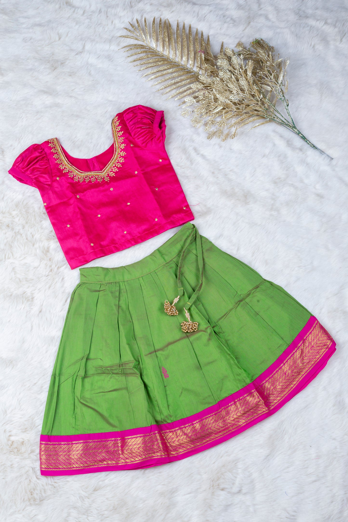 Pink and festive green embroideried blouse with silk langa ethnic wear for baby girl