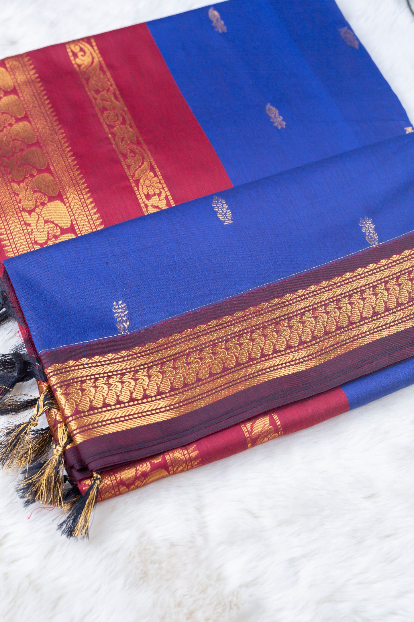 Royal Blue and maroon - Premium Cotton Silk Saree with Contrast Blouse