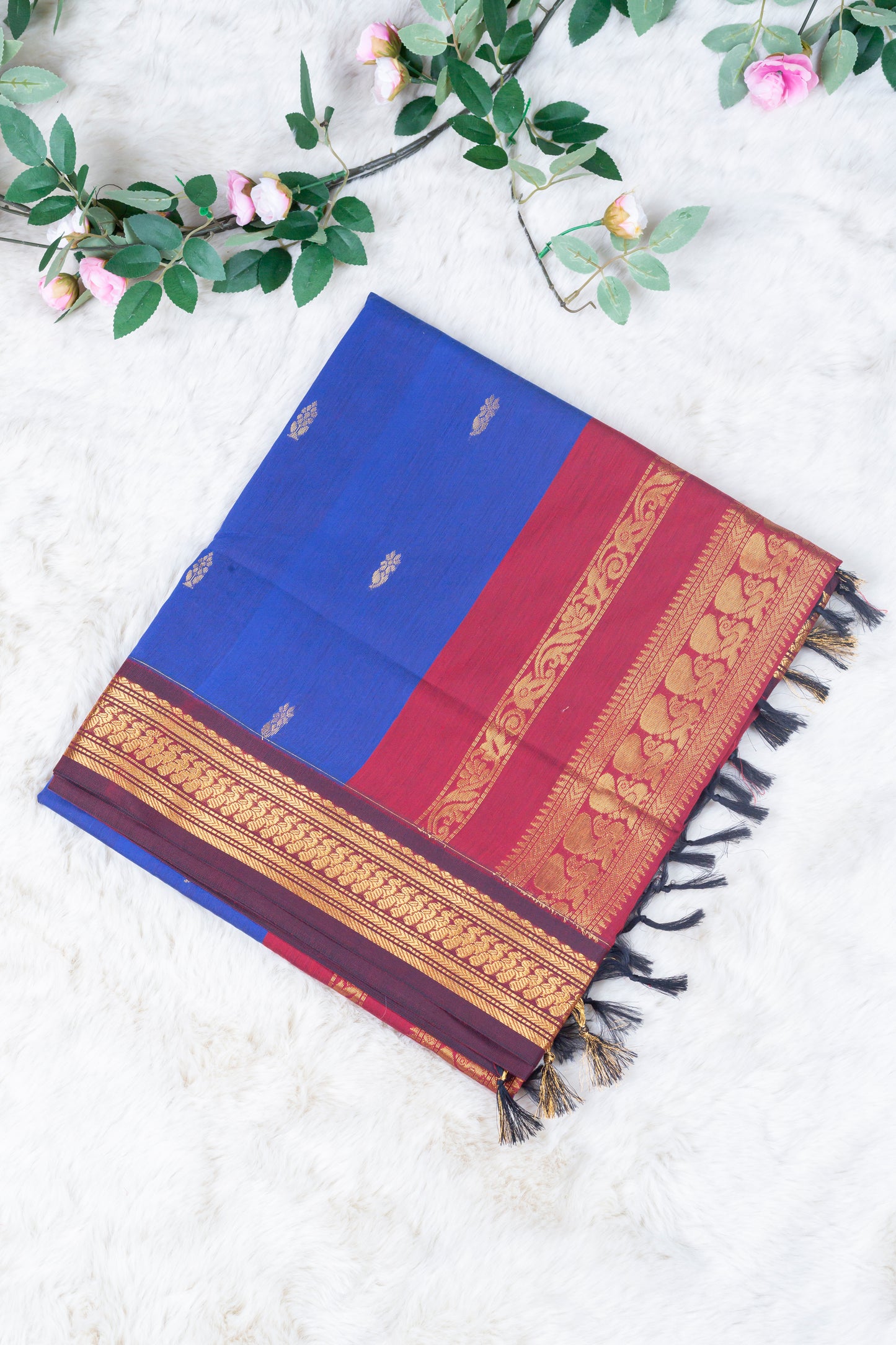 Royal Blue and maroon - Premium Cotton Silk Saree with Contrast Blouse