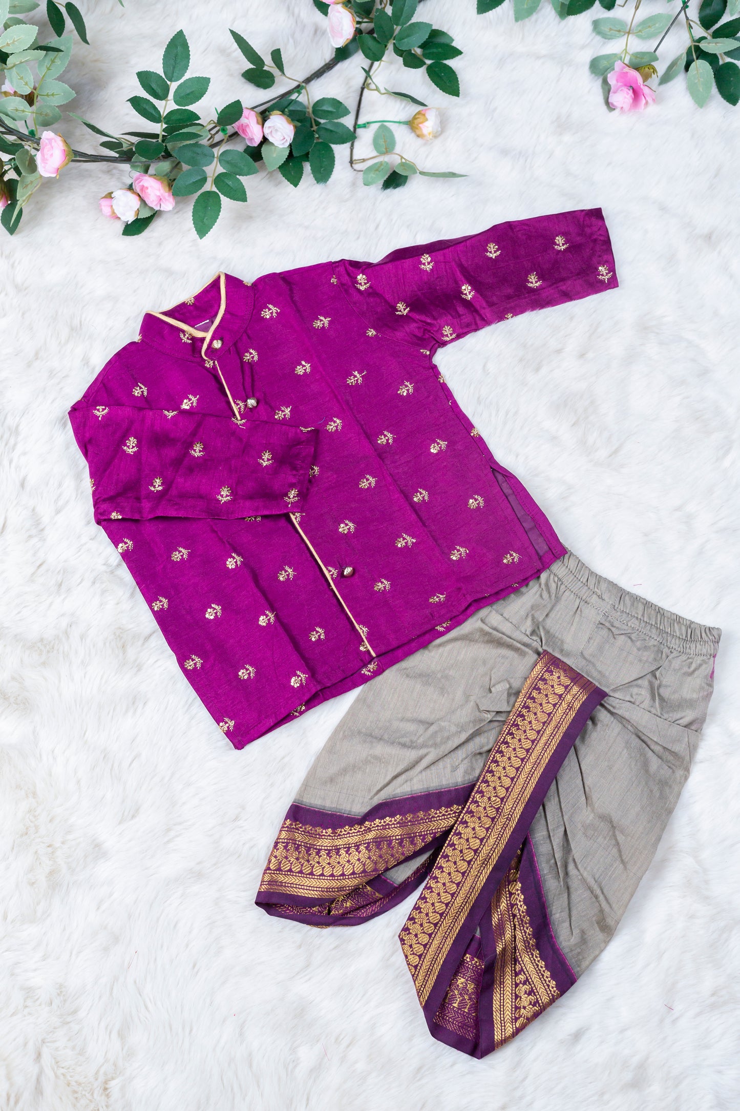 Grey and wine embroidered kurta dhoti ethnic dress for baby boy