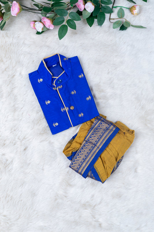 Mustard yellow and blue embroidered kurta dhoti ethnic dress for baby boy