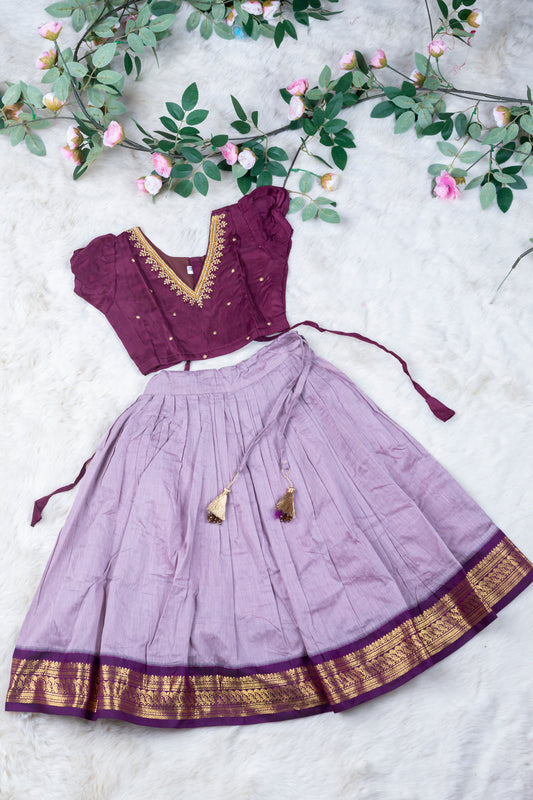 Wine V neck embroidered and lavender langa blouse ethnic wear for baby girl