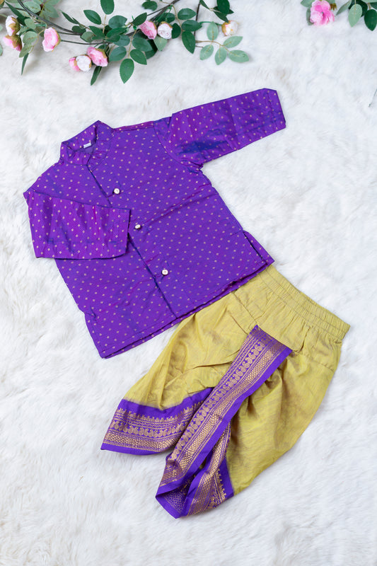 Silk purple with  dry grass green kurta dhoti ethnic dress for baby boy