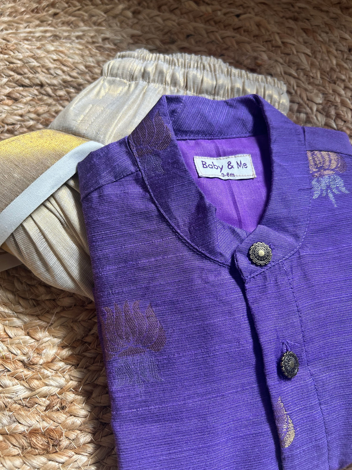 Purple lotus weave cotton silk kurta with gold Dhoti for Boys – Traditional South Indian Ethnic Wear for Baby Boy