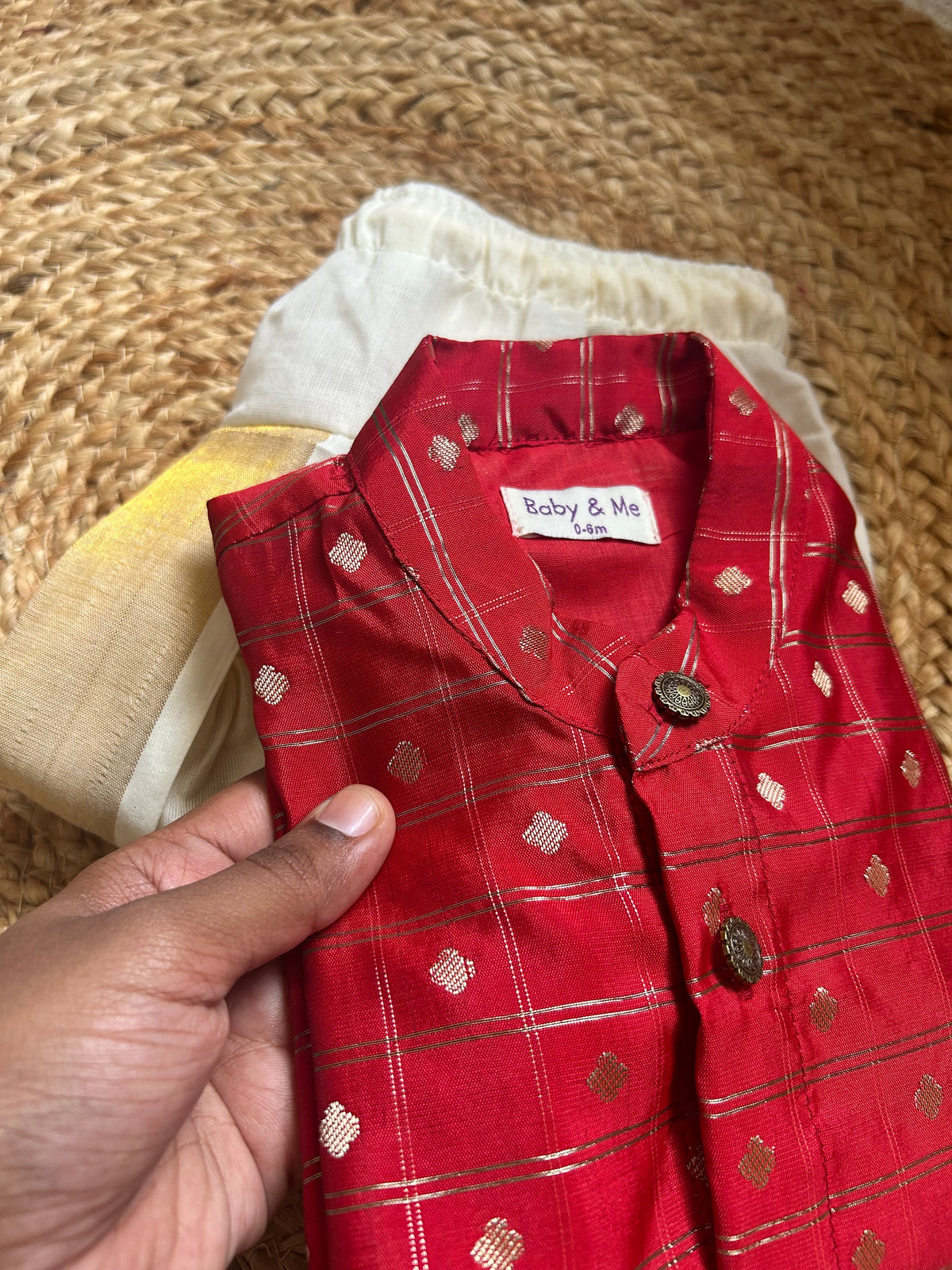 Reshme chowka red kurta with handloom cotton white with zari dhoti ethnic wear for baby boy