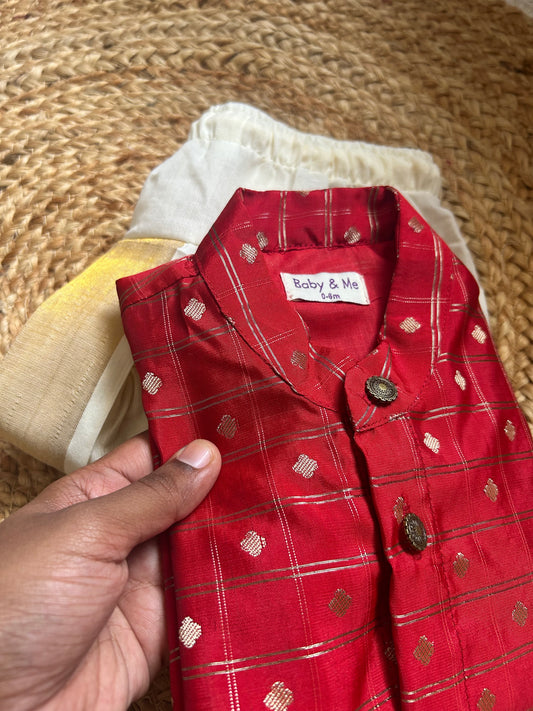 Reshme chowka red kurta with handloom cotton white with zari dhoti ethnic wear for baby boy