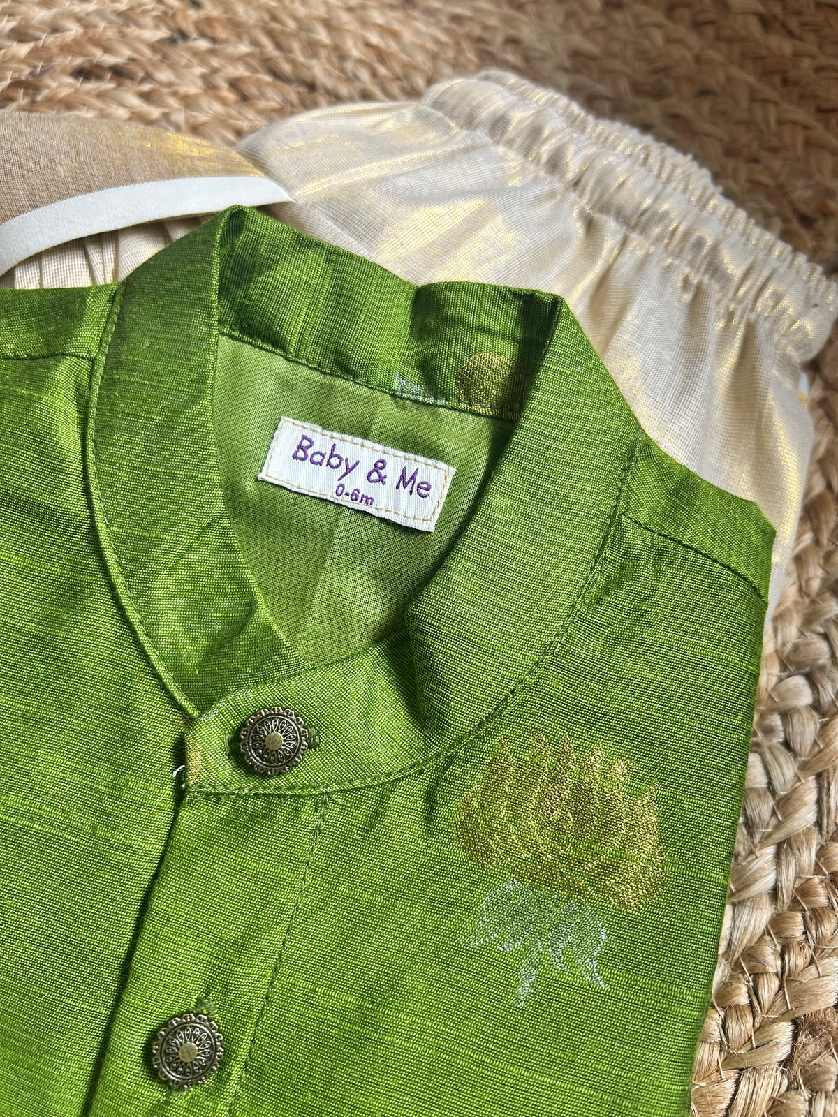 Nature green lotus weave cotton silk kurta with gold Dhoti for Boys – Traditional South Indian Ethnic Wear for Baby Boy