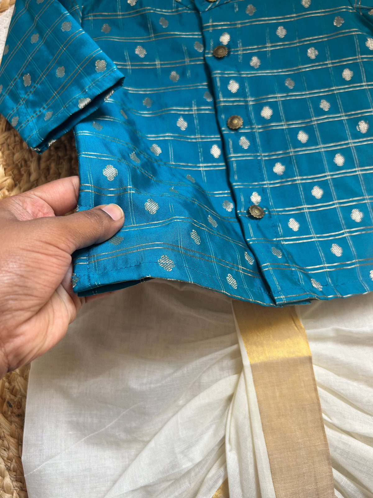 Aqua blue reshme chowka kurta with white dhoti traditional ethnic wear for baby boy