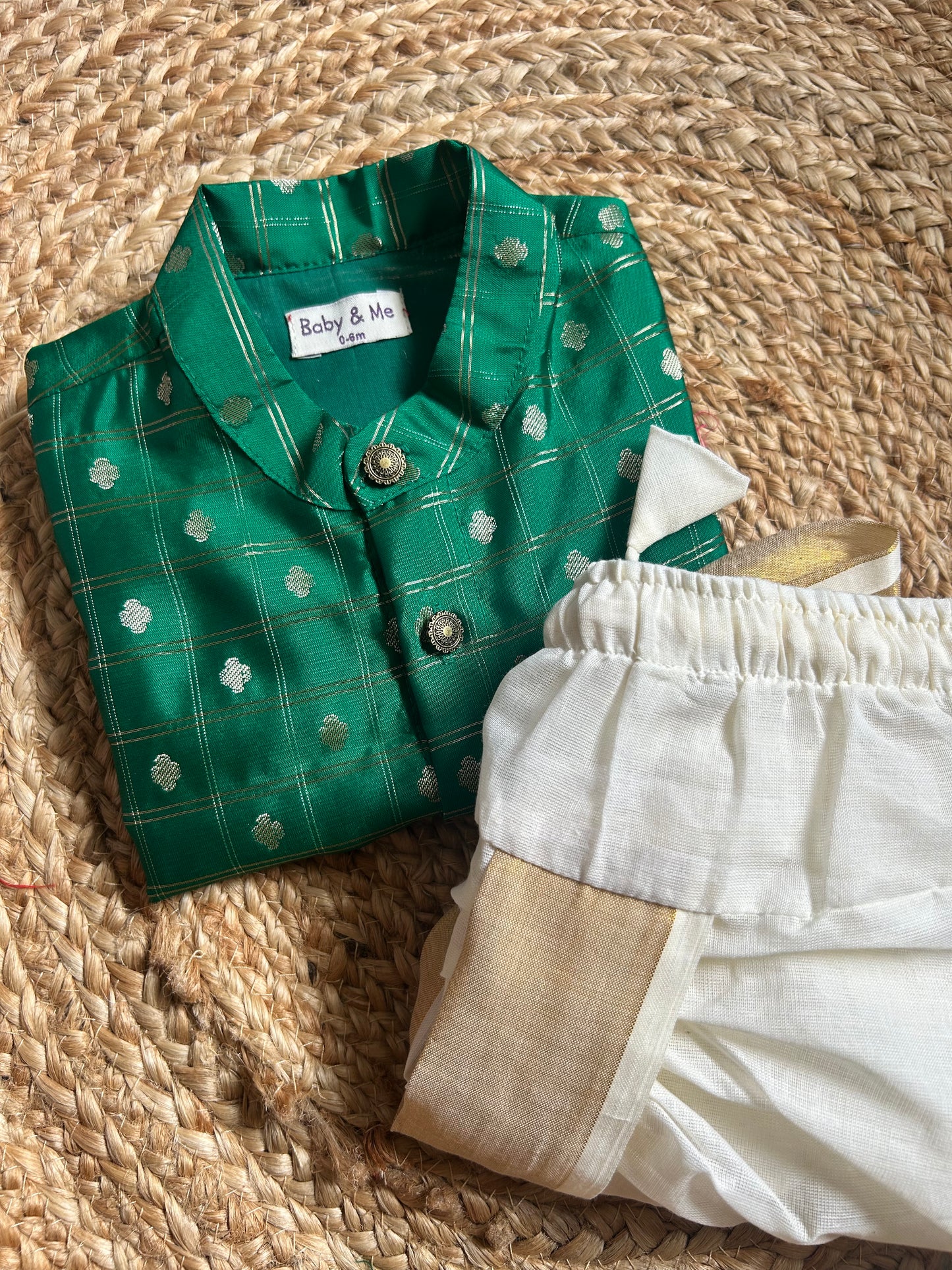 Green with cream reshme chowka Kurta Dhoti for baby boy - Festive Collection