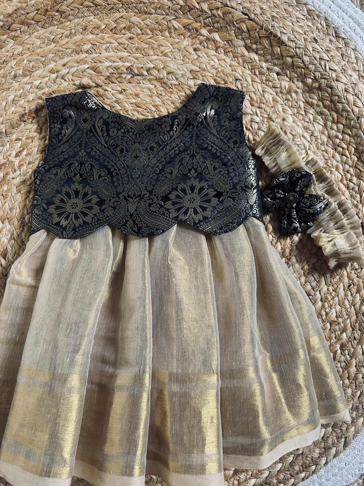 Royal Black & Golden Gleam  Scallop Gown Ethnic Wear for Baby Girl – Birthday frock for Baby Girl
