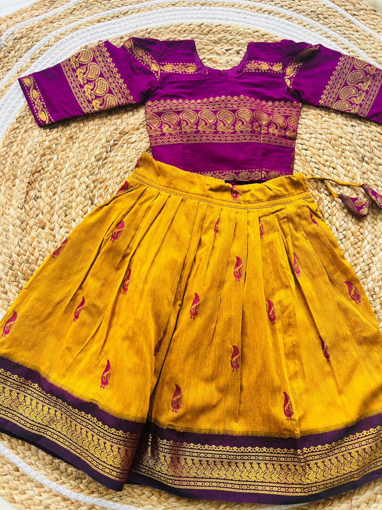 Traditional langa blouse / pavadai mustard yellow with wine for baby girl