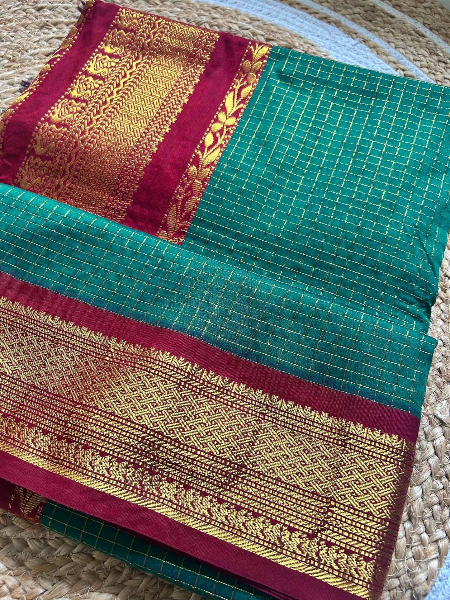 Teal Green & Maroon Handloom Silk Cotton Saree with Gold Zari Border