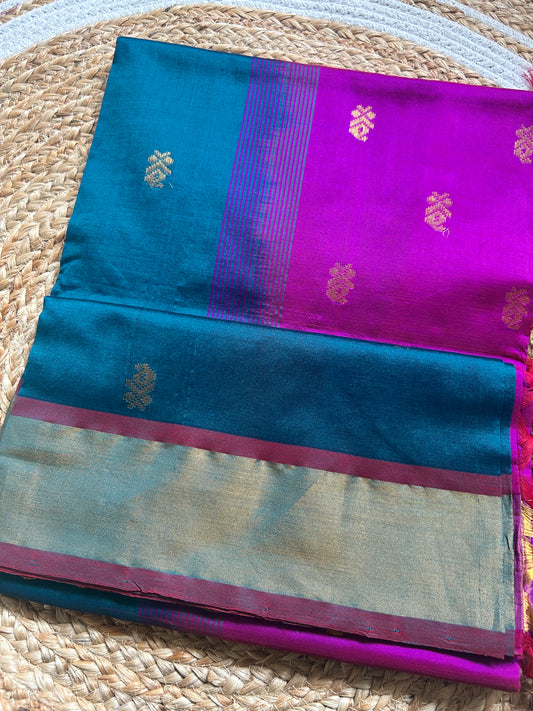 Peacock Teal & Magenta Handloom Silk Cotton Saree with Champagne Gold Border