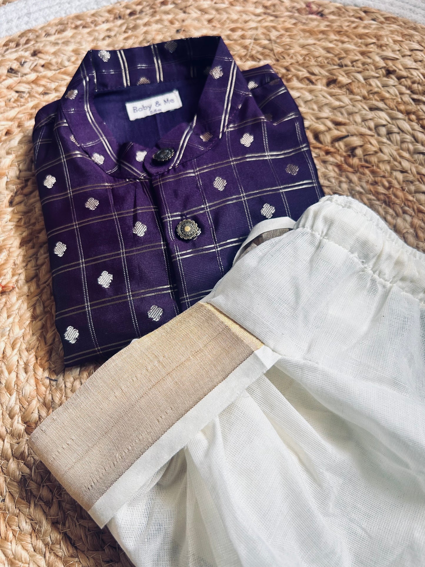 Reshme chowka purple with handloom cotton white with zari dhoti ethnic wear for baby boy