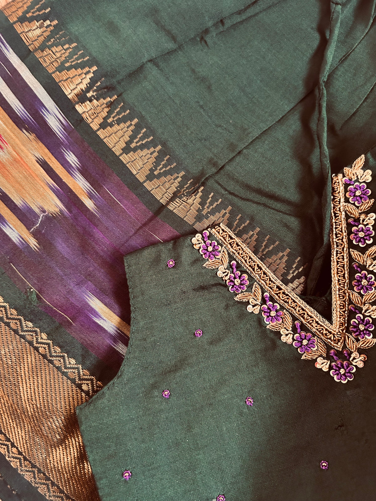 Pochampally border ಹಸಿರು (hasiru) kanchi silk cotton sleeveless heritage langa blouse for baby girl