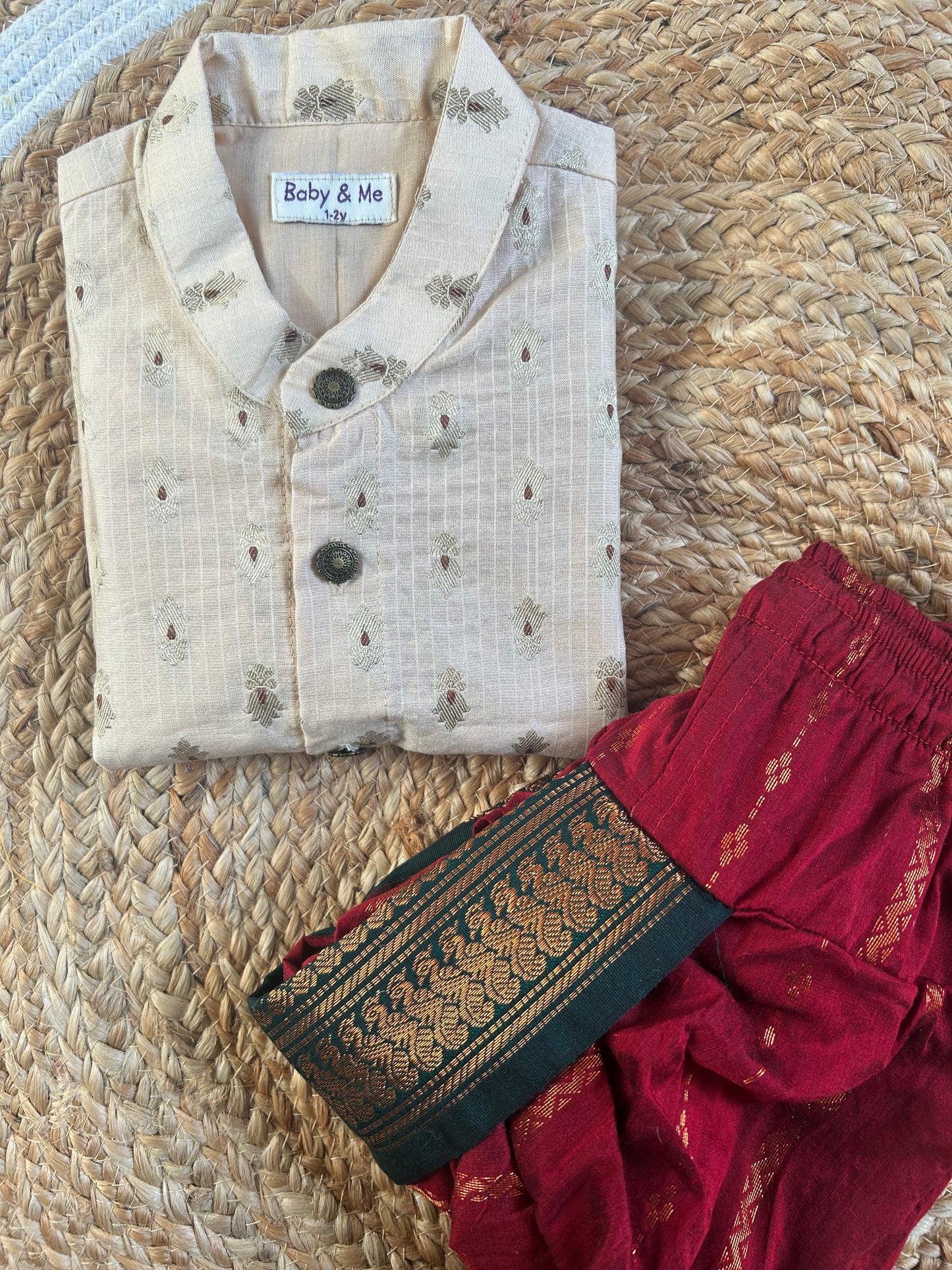 Peach banarasi chanderi and red with bottle green Dhoti for Boys – Traditional Ethnic Wear for Baby Boy