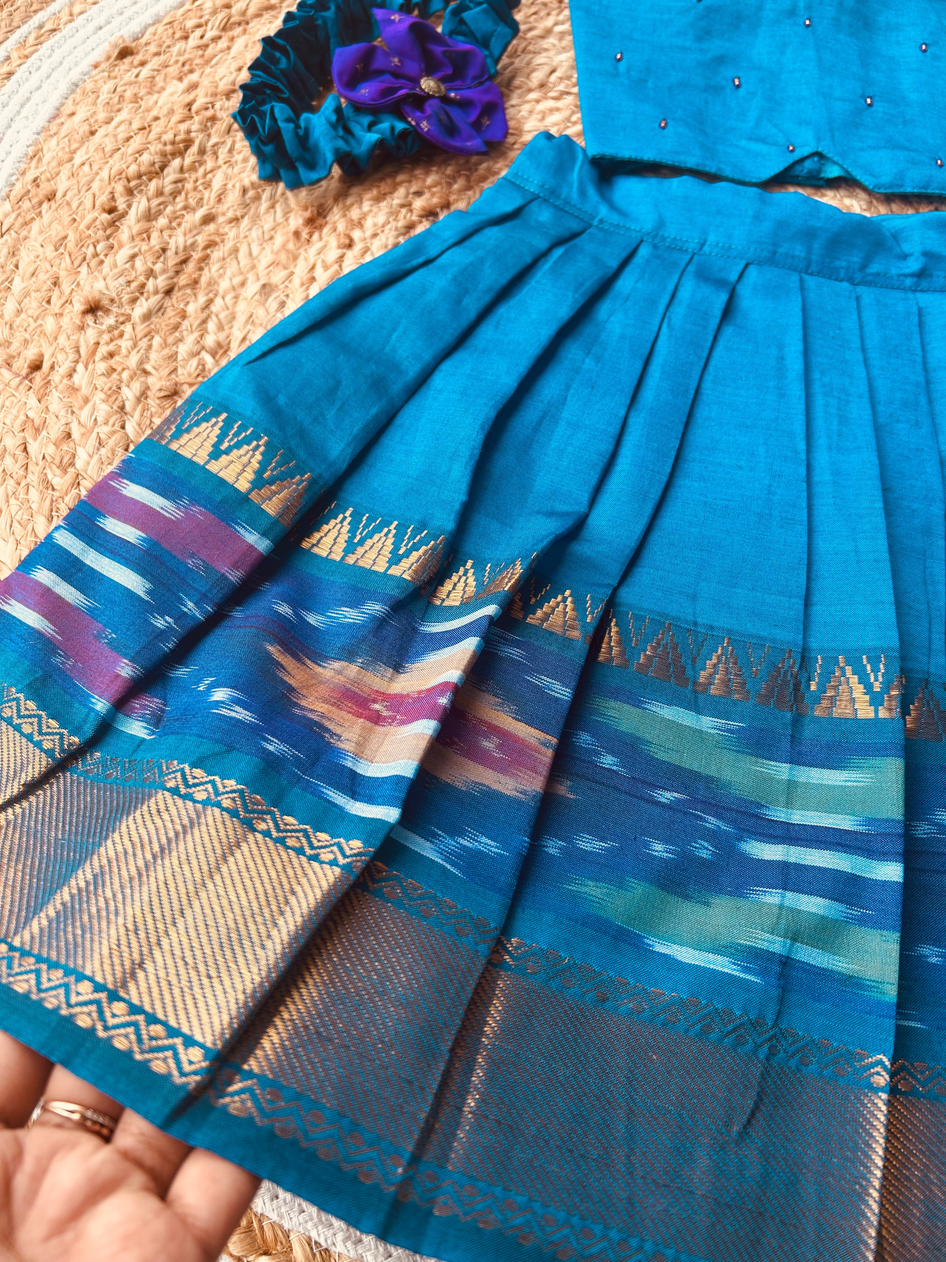 Traditional langa blouse peacock blue pure kanchi cotton weave sleeveless for baby girl