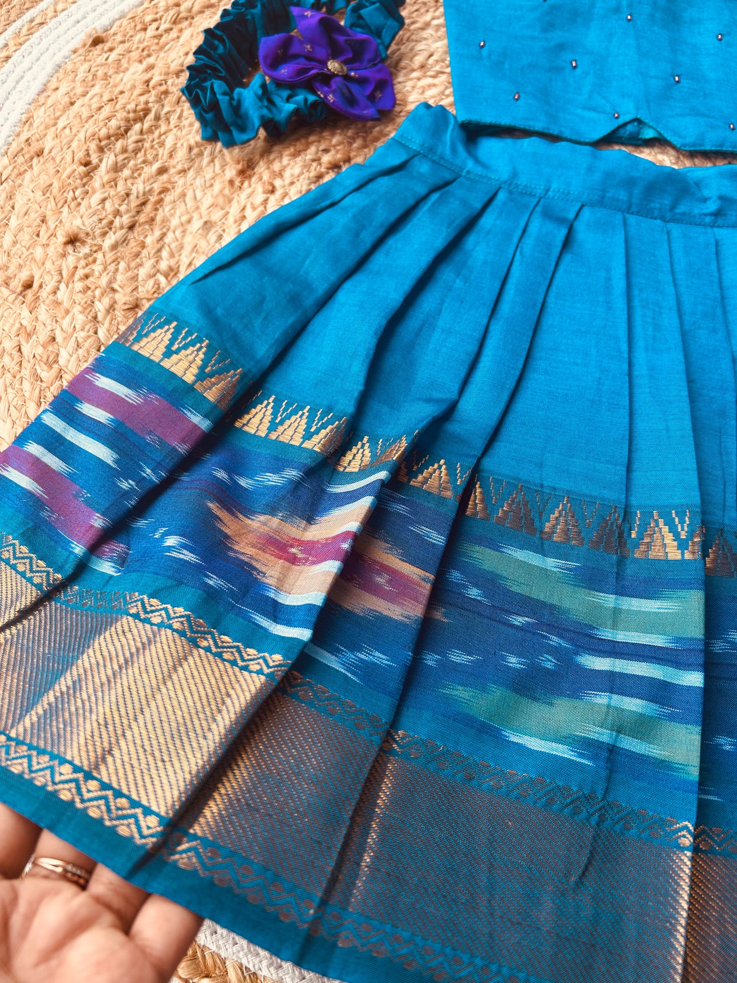 Traditional langa blouse peacock blue pure kanchi cotton weave sleeveless for baby girl