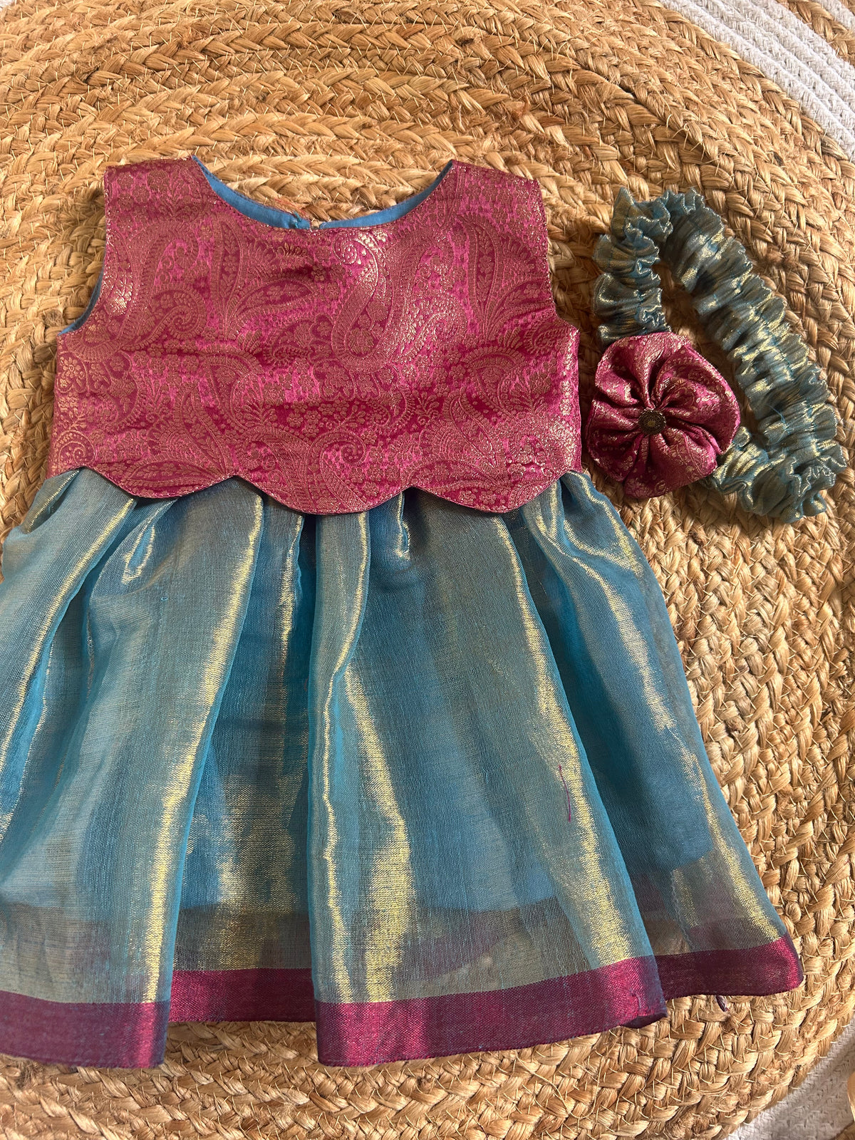 Aqua Blue with Pink Scalloped Gown Ethnic Wear for Baby Girl – Birthday frock for Baby Girl