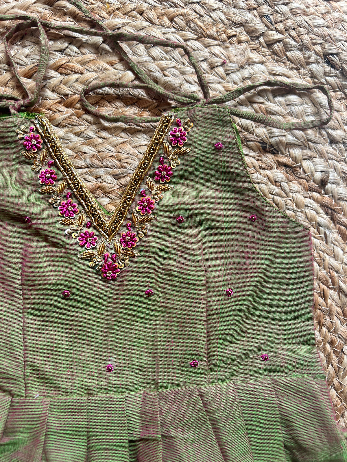 Saraswati - Kanchi border green handloom cotton sleeveless heritage frock for baby girl