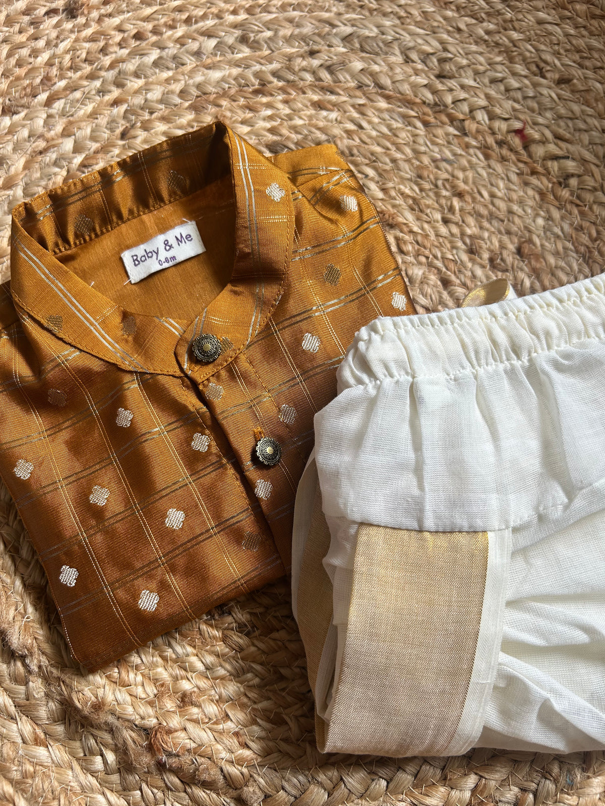 Honey gold with cream reshme chowka Kurta Dhoti for baby boy - Festive Collection