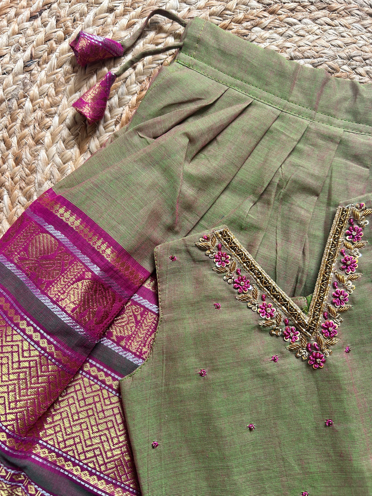 Bhavani - Kanchi border green handloom cotton sleeveless heritage langa blouse for baby girl