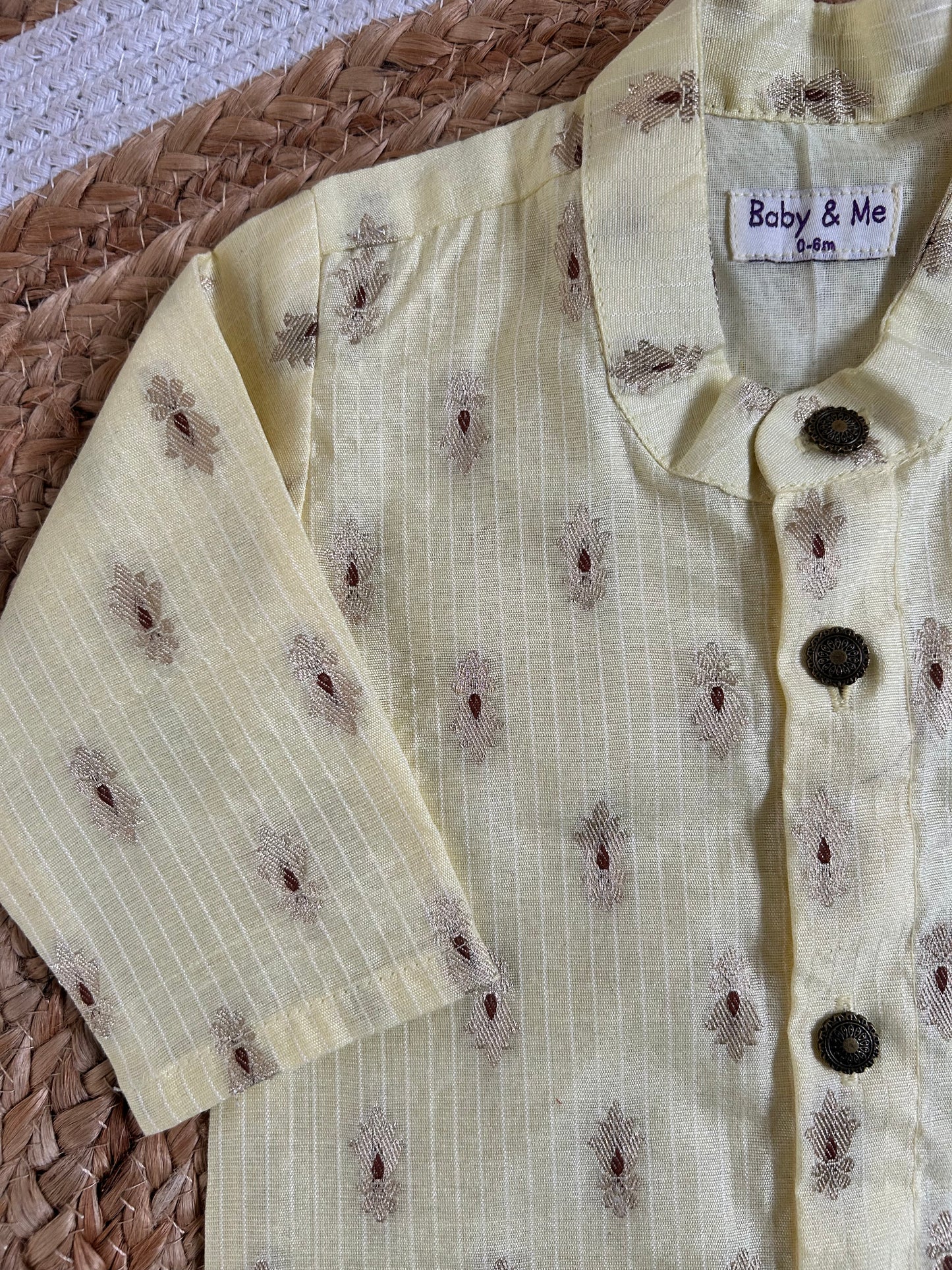 Yellow banarasi cotton with zari butta work and bottle green checked Dhoti for Boys – Traditional Ethnic Wear for Baby Boy
