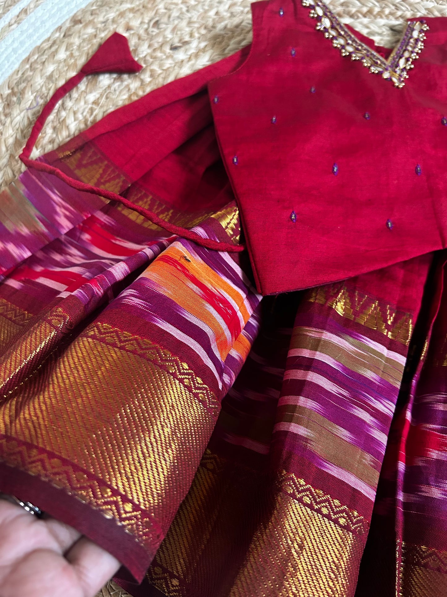 ಕೆಂಪು (Red) kanchi silk cotton sleeveless heritage langa blouse for baby girl