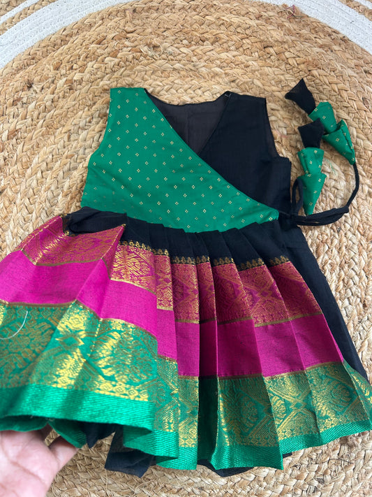 Mul cotton Black & Green Angrakha-Style  Ethnic Wear for Baby Girl – Traditional frock for Baby Girl