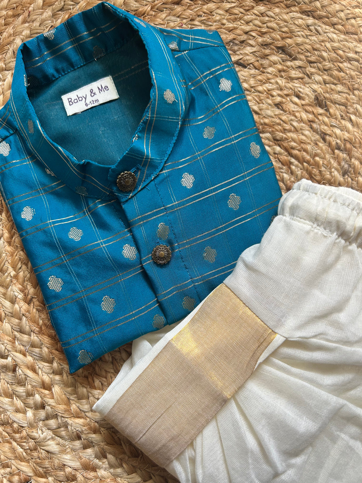 Aqua blue reshme chowka kurta with white dhoti traditional ethnic wear for baby boy