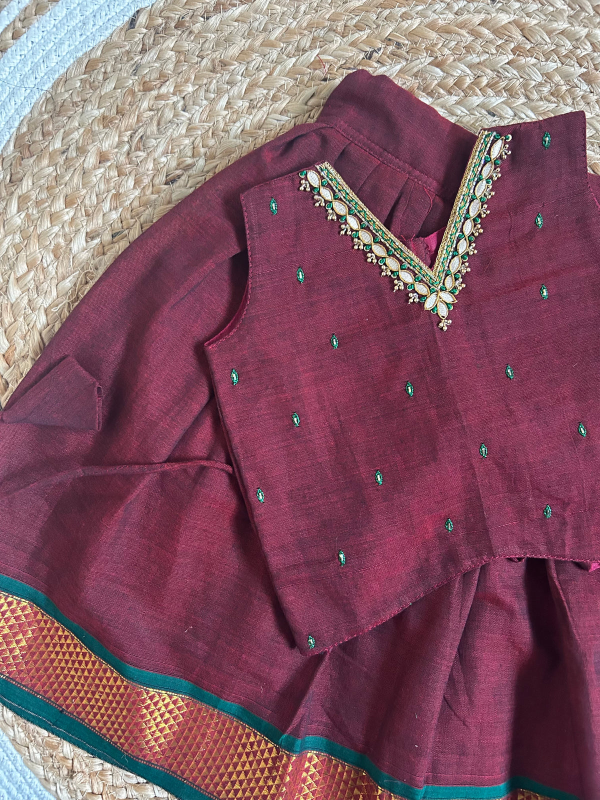 ಗಾಢ ಕೆಂಪು (Maroon) kanchi silk cotton sleeveless heritage langa blouse for baby girl