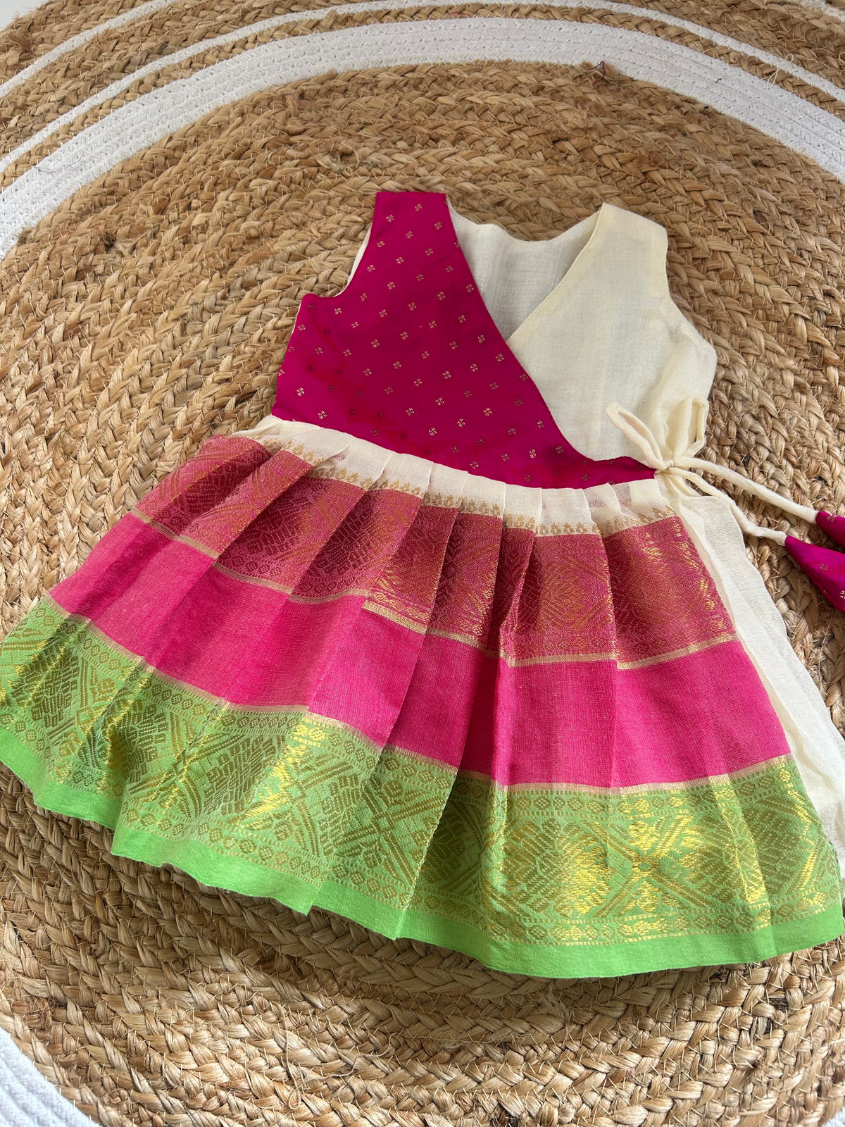 Mul cotton White & Pink Angrakha-Style  Ethnic Wear for Baby Girl – Traditional frock for Baby Girl