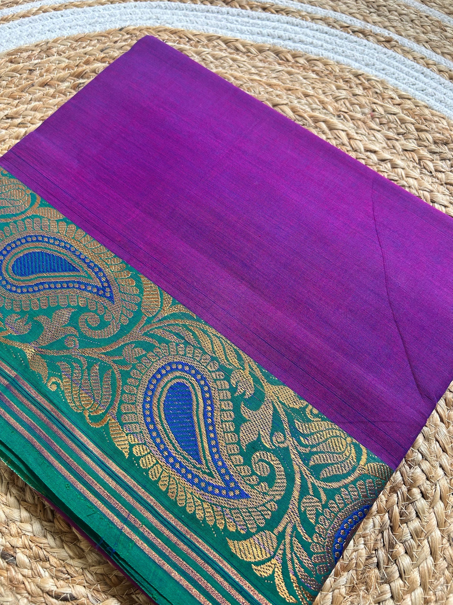 Emerald Green & Purple Handloom Silk Cotton Saree with Gold Zari Paisley Border