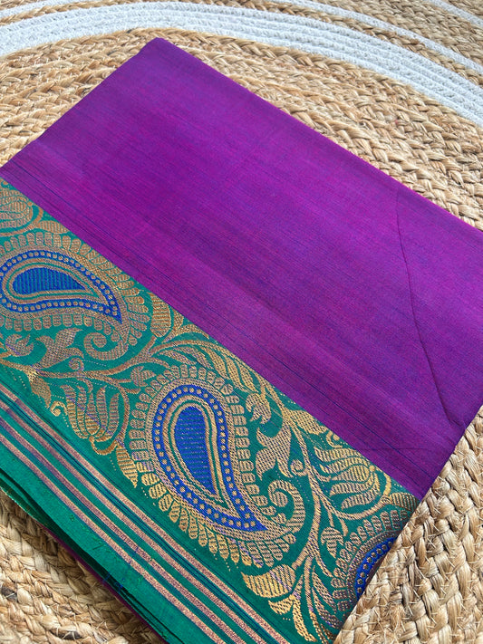 Emerald Green & Purple Handloom Silk Cotton Saree with Gold Zari Paisley Border