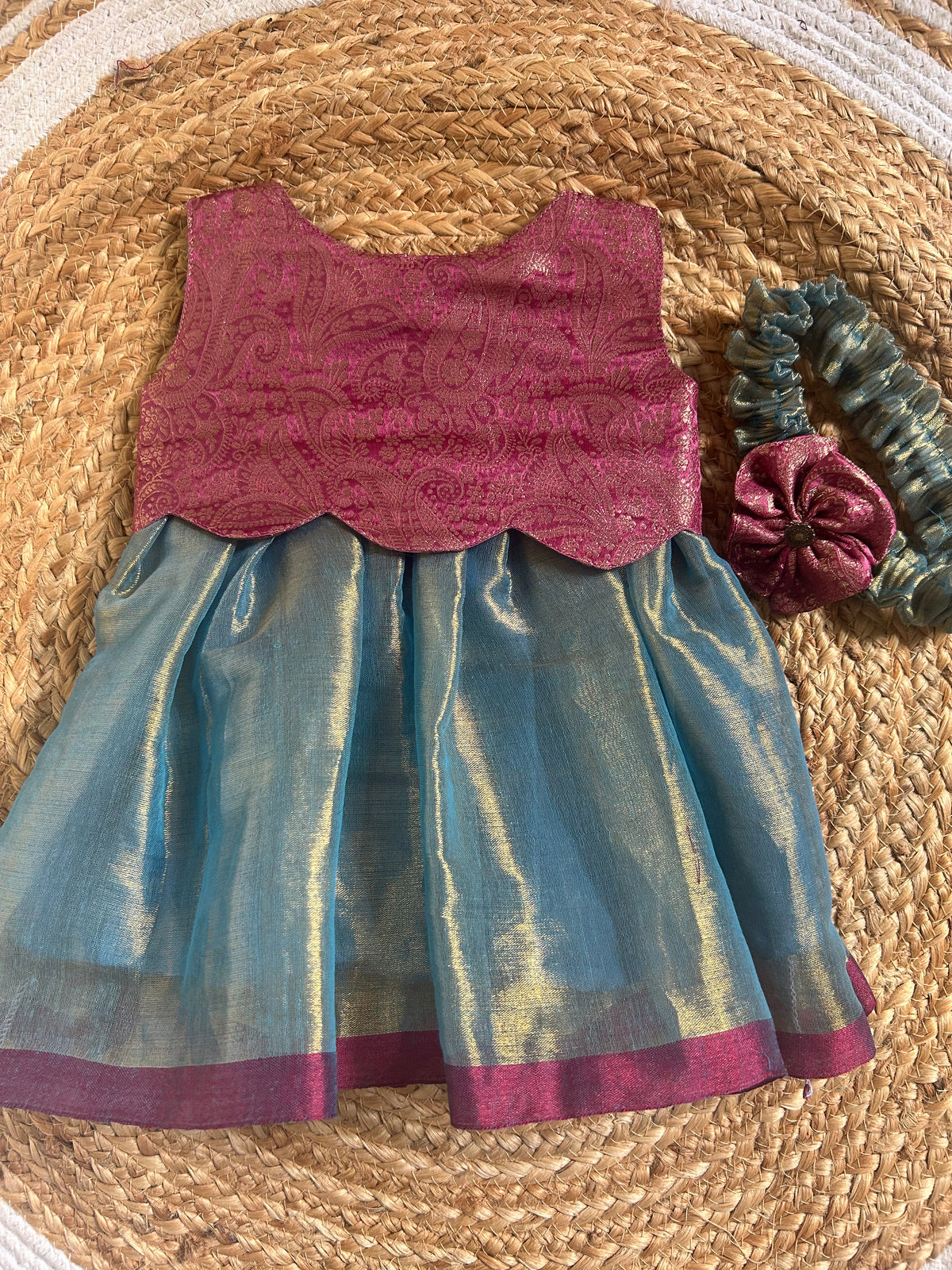 Aqua Blue with Pink Scalloped Gown Ethnic Wear for Baby Girl – Birthday frock for Baby Girl