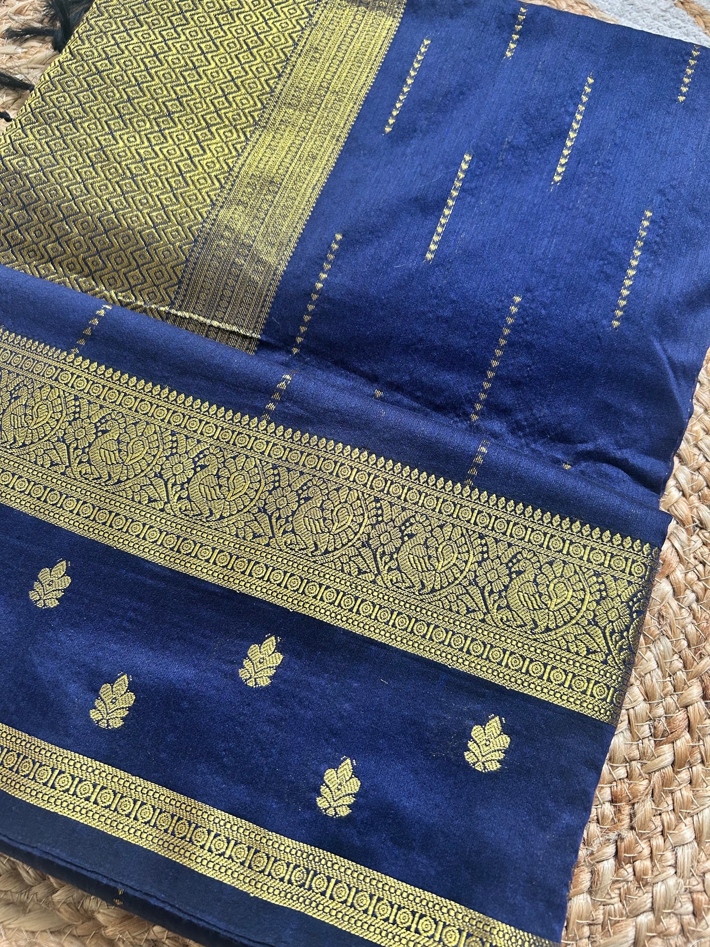 Navy Blue Handloom Silk Cotton Saree with Gold Zari Peacock Diamond Border