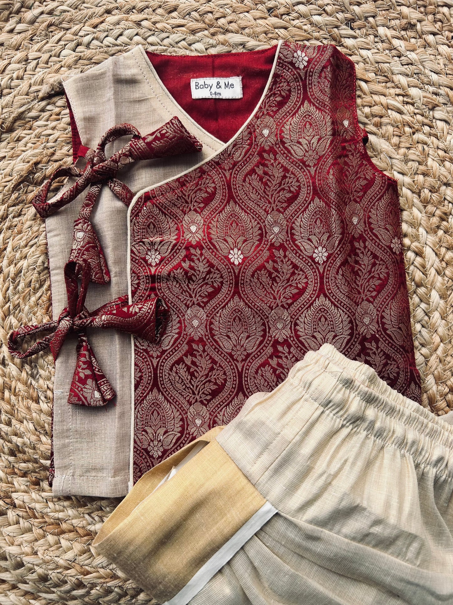 Maroon Banarasi angrakha with gold tissue dhoti comfortable ethnic wear for baby boy