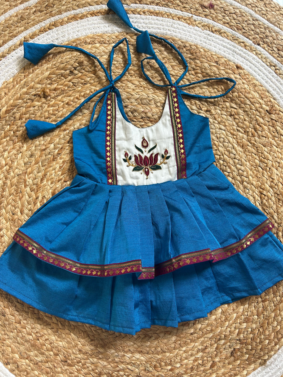 Peacock Blue Lotus Embroidered Multi-Layered Ethnic Wear for Baby Girl – Traditional frock for Baby Girl