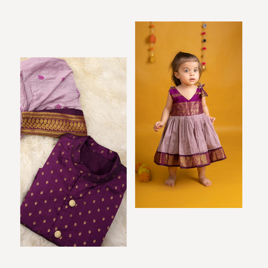 Wine and lavendar sibling combo - ethnic wear for bro and sis twinning set