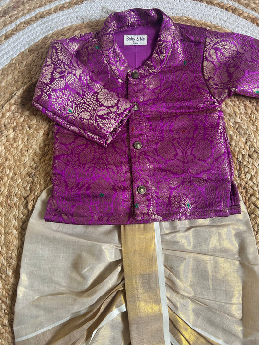 Royal Baingan Deep Purple Banarasi kurta with traditional gold dhoti ethnic wear for baby boy