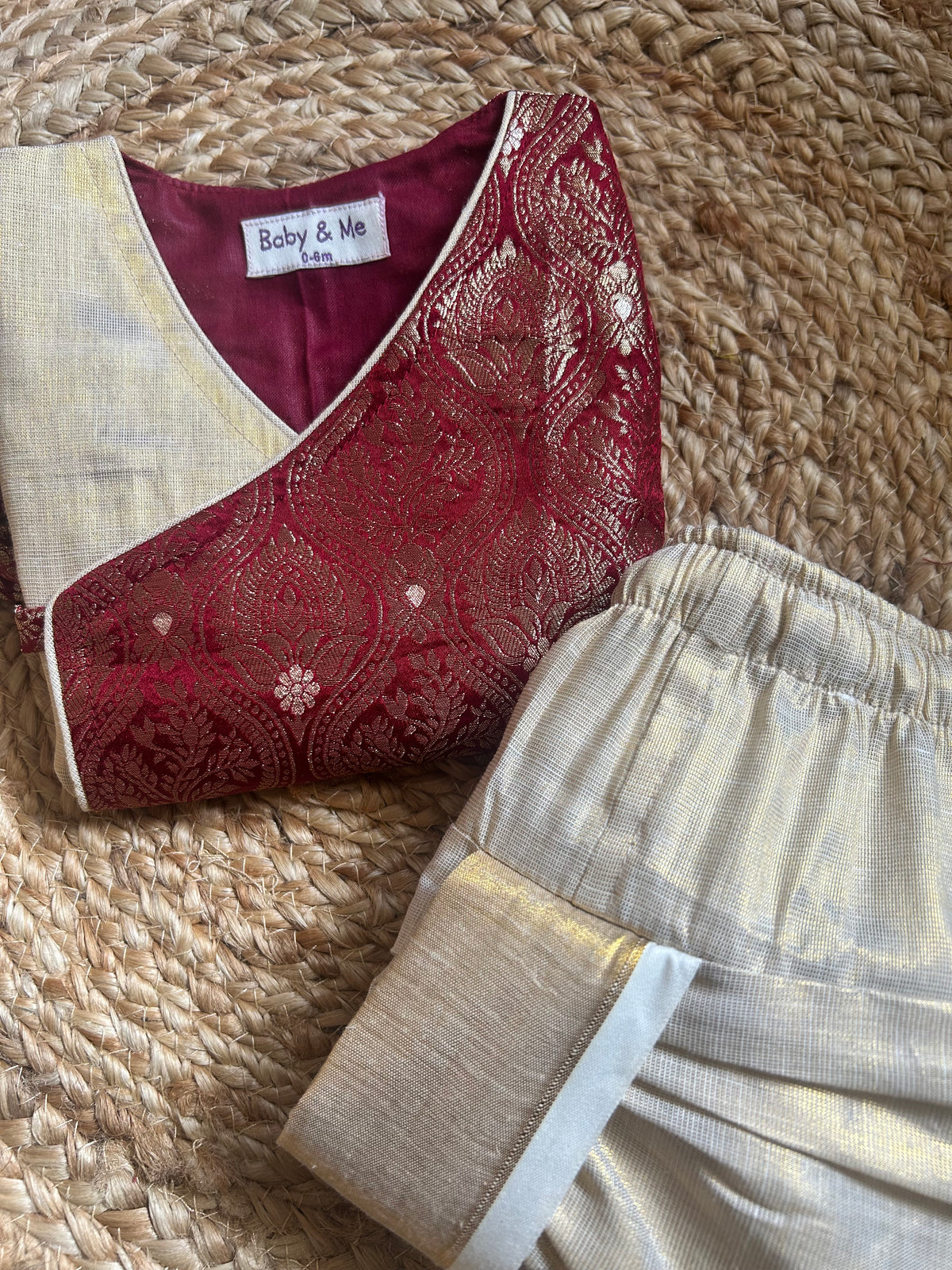 Maroon banarasi angrakha with traditional gold dhoti ethnic wear for baby boy