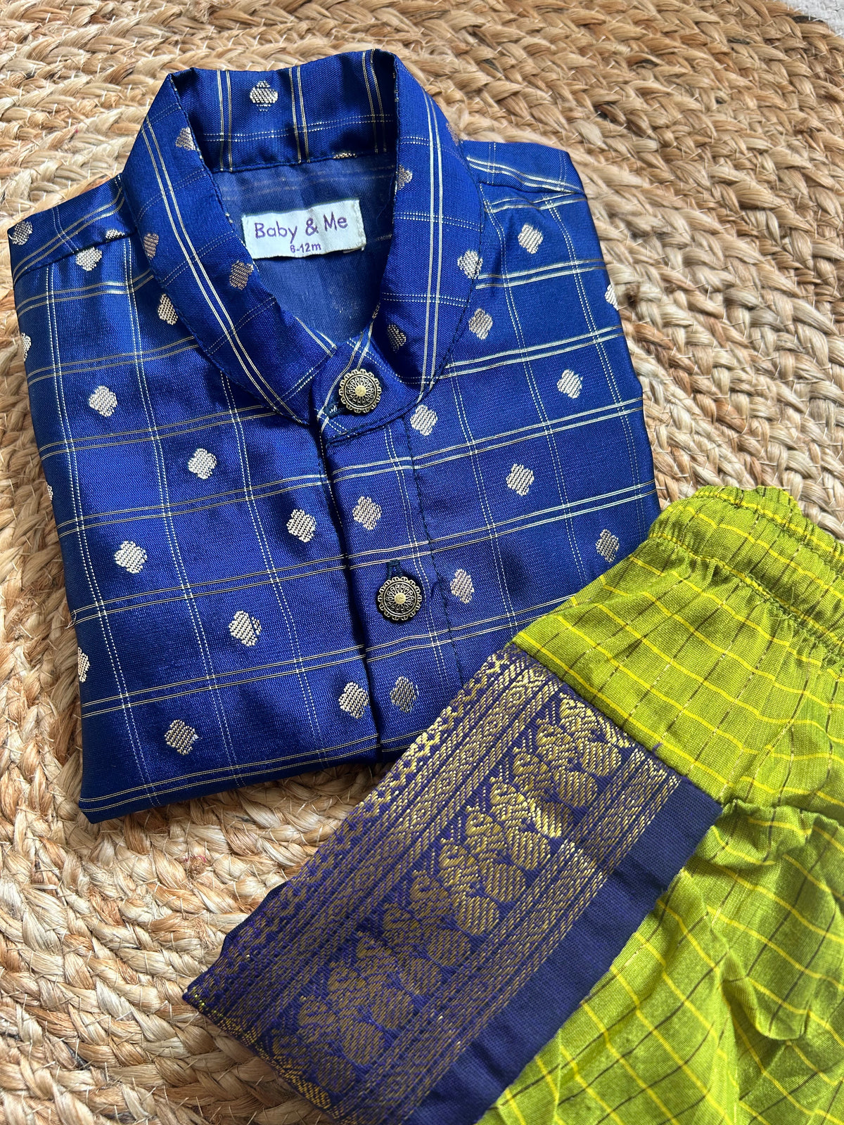 Navy blue reshme chowka Kurta with green  dhoti  traditional ethnic wear for baby boy
