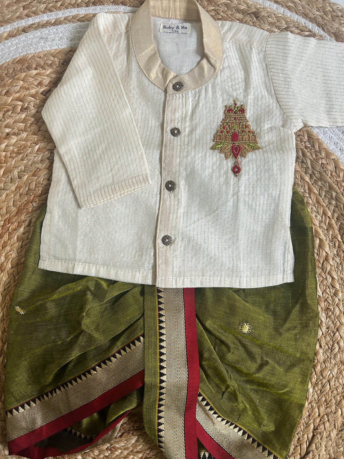 White with gold Traditional Temple Embroidered Kurta with Olive Green Dhoti for baby boy