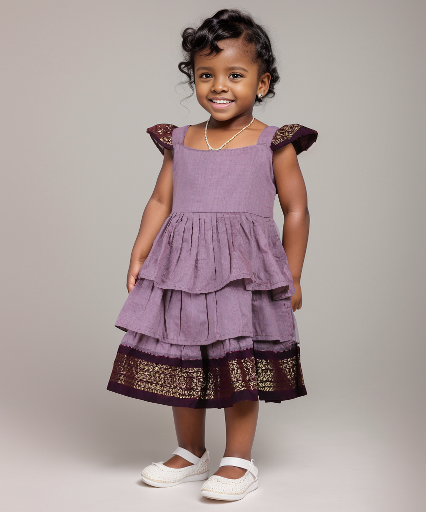 Lavender with wine - Cotton Silk 3 Layered South Indian Ethnic Frock for Baby Girl