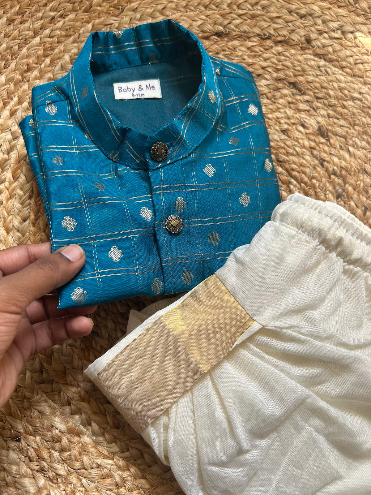 Aqua blue reshme chowka kurta with white dhoti traditional ethnic wear for baby boy